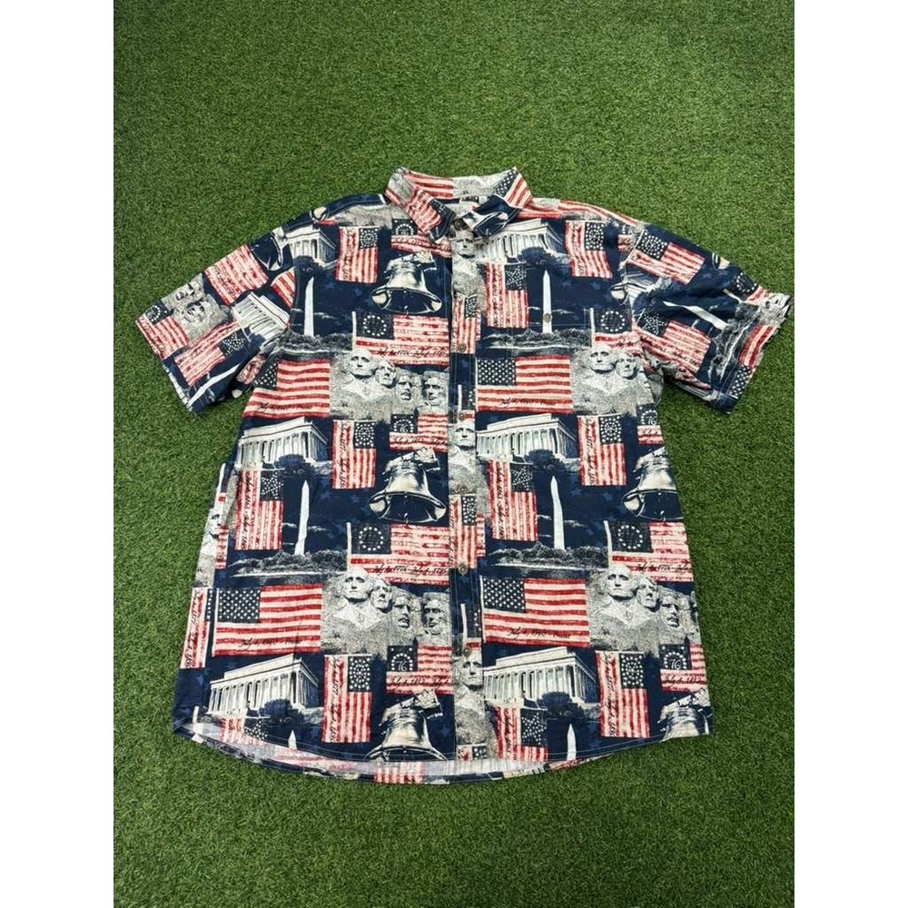 American Legacy Shirt Mens XL Blue Patriotic American Flag Travel Button‎ Down